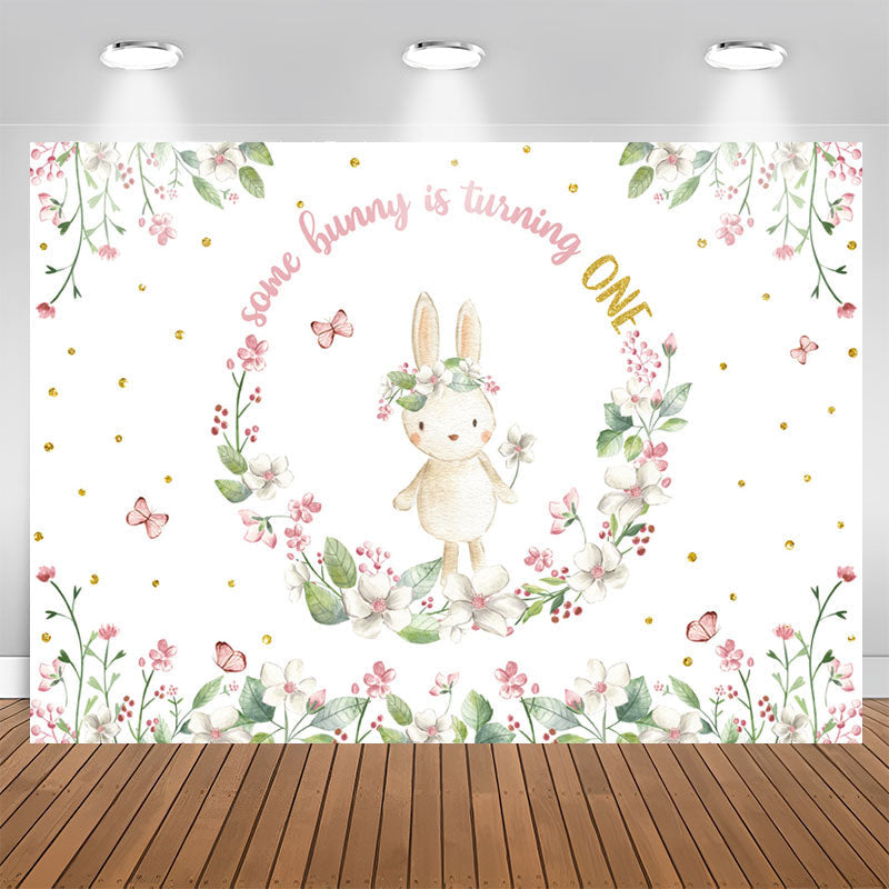 Aperturee - Bunny Circle Flowers White 1st Birthday Backdrop