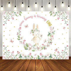 Aperturee - Bunny Circle Flowers White 1st Birthday Backdrop