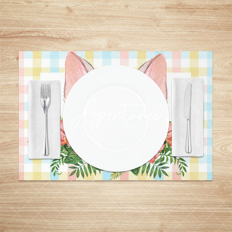 Aperturee - Bunny Ear Plaid Red Floral Leaves Set Of 4 Placemats