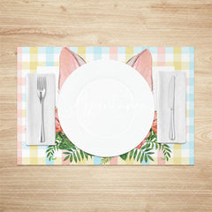 Aperturee - Bunny Ear Plaid Red Floral Leaves Set Of 4 Placemats