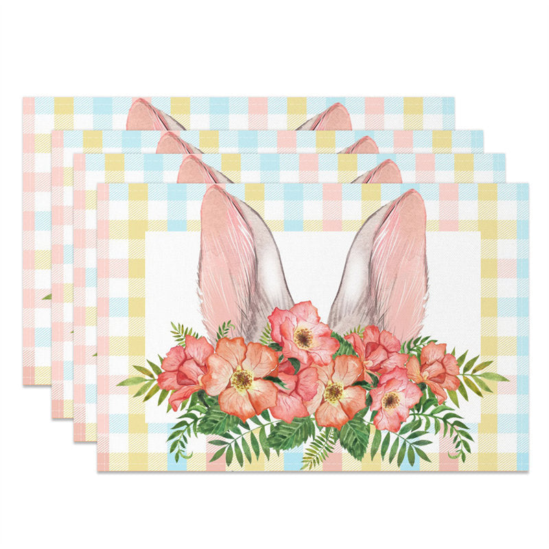 Aperturee - Bunny Ear Plaid Red Floral Leaves Set Of 4 Placemats