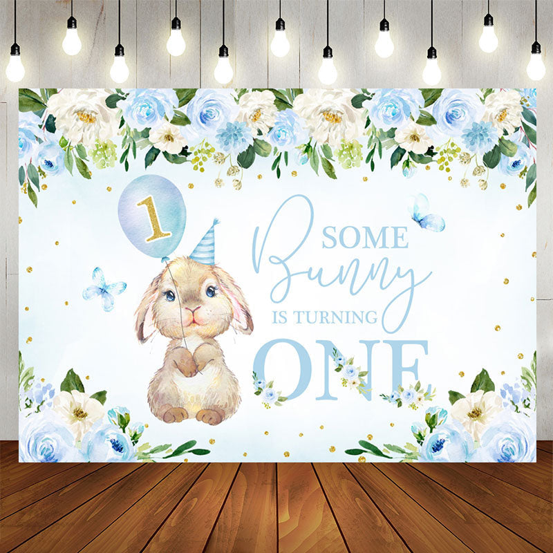 Aperturee - Bunny Turning One Blue Floral 1st Birthday Backdrop