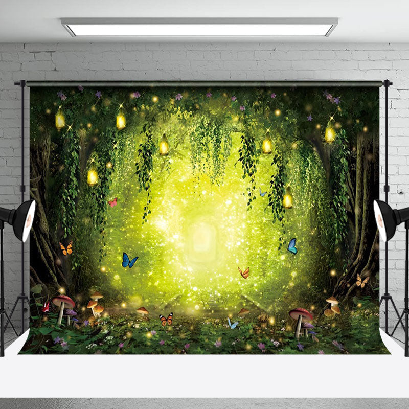 Aperturee - Butterfly Mushroom Sparkle Light Forest Backdrop