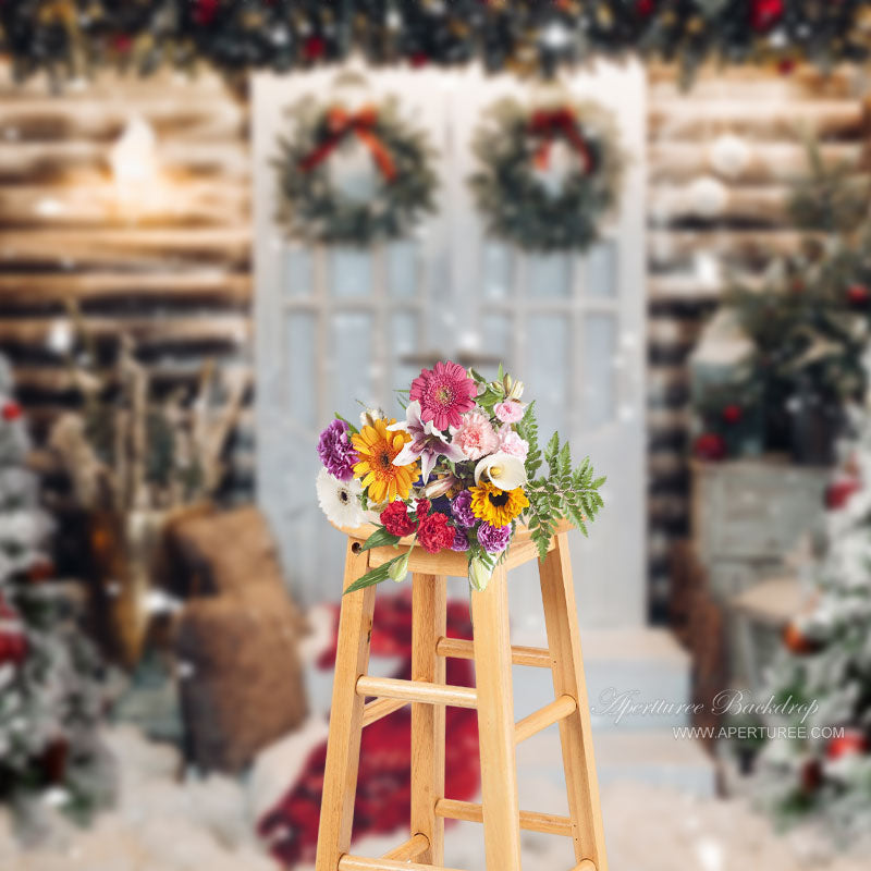 Aperturee - Cabin Door Pine Tree Scarf Cloud Christmas Backdrop