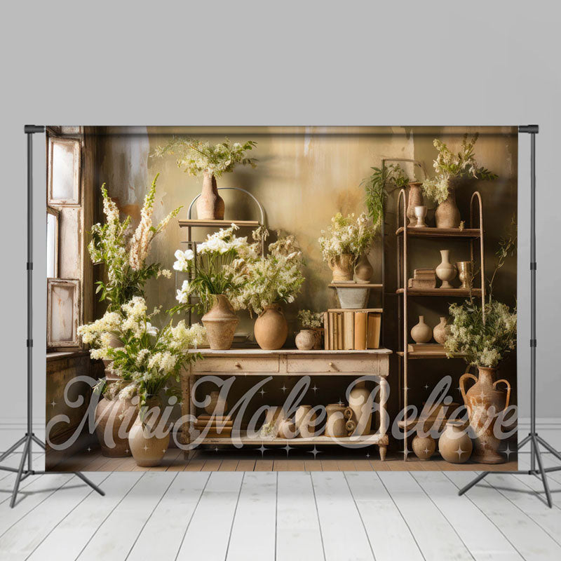 Aperturee - Cabinet Rack Vase Green Flowers Spring Backdrop