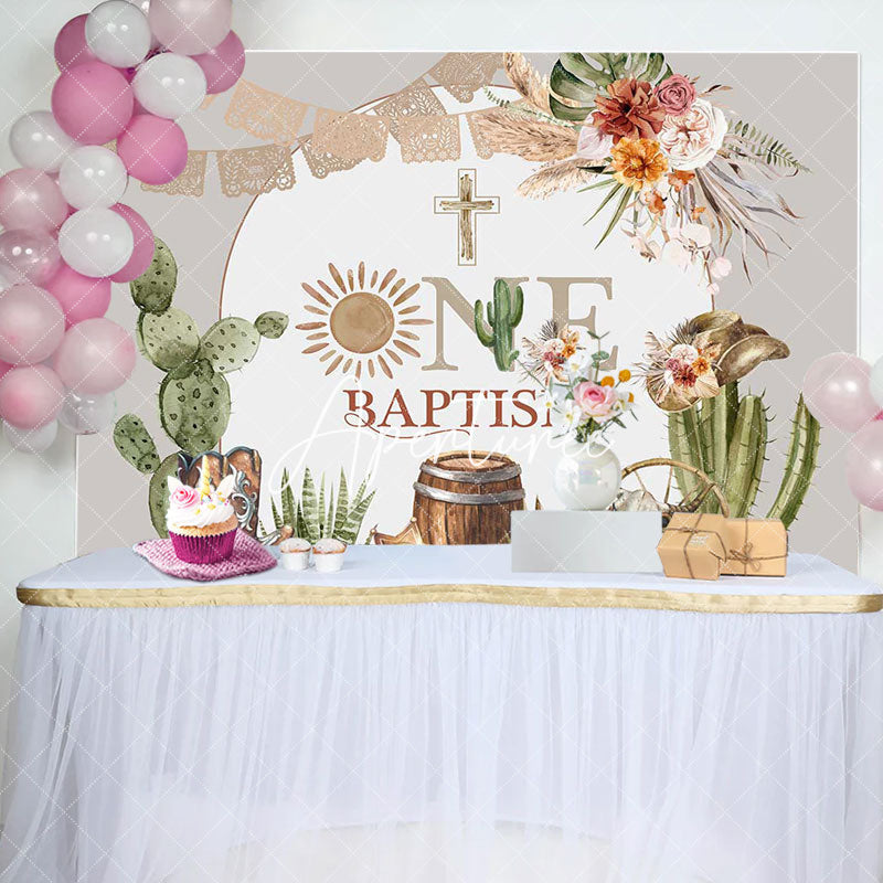 Aperturee - Cactus Flowers Cross Cowboy One Baptism Backdrop