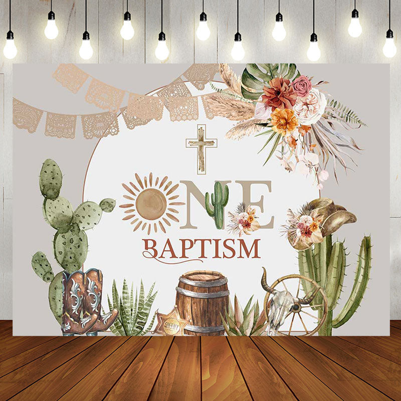 Aperturee - Cactus Flowers Cross Cowboy One Baptism Backdrop