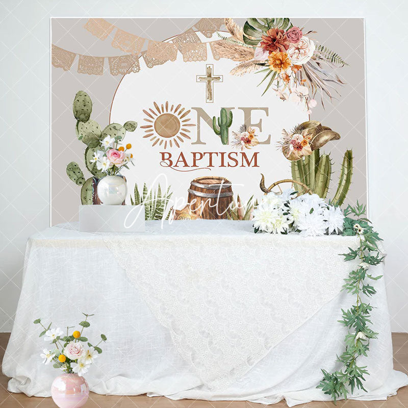 Aperturee - Cactus Flowers Cross Cowboy One Baptism Backdrop