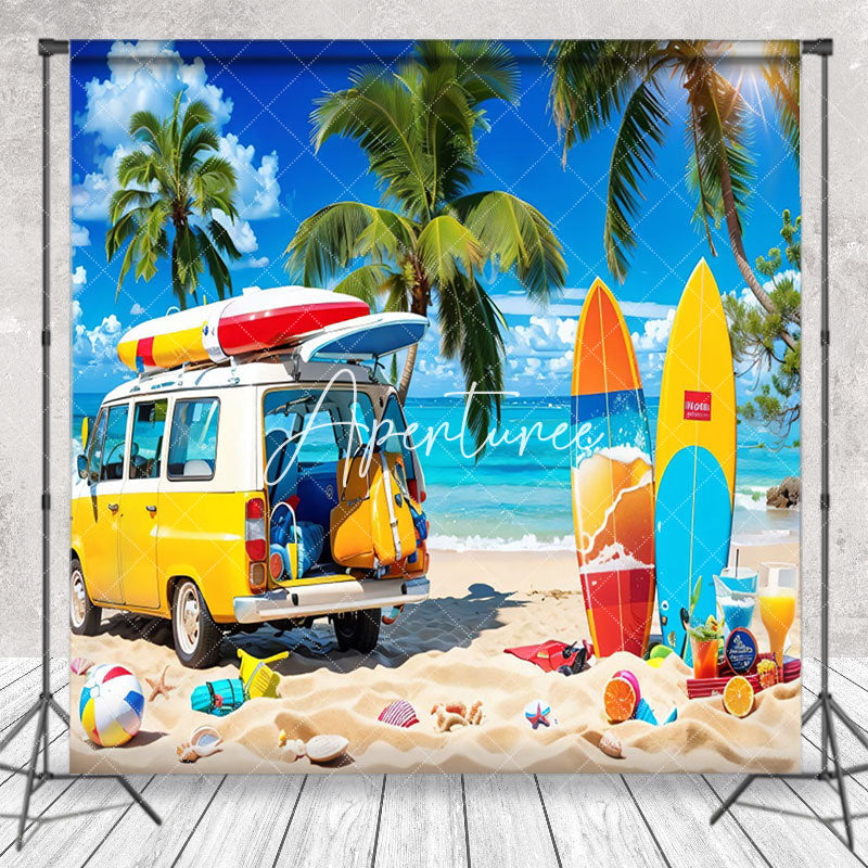 Aperturee - Camping Seaside Bus Blue Sky Surfboard Summer Backdrop