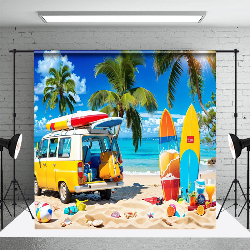 Aperturee - Camping Seaside Bus Blue Sky Surfboard Summer Backdrop