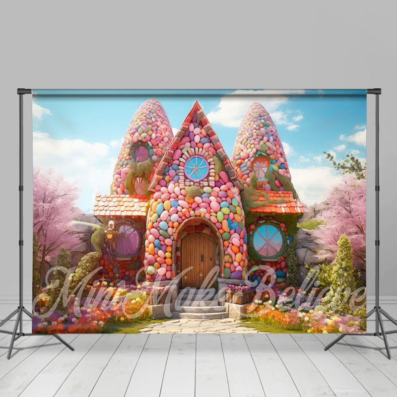 Aperturee - Candy Colorful Eggs House Sakura Easter Backdrop