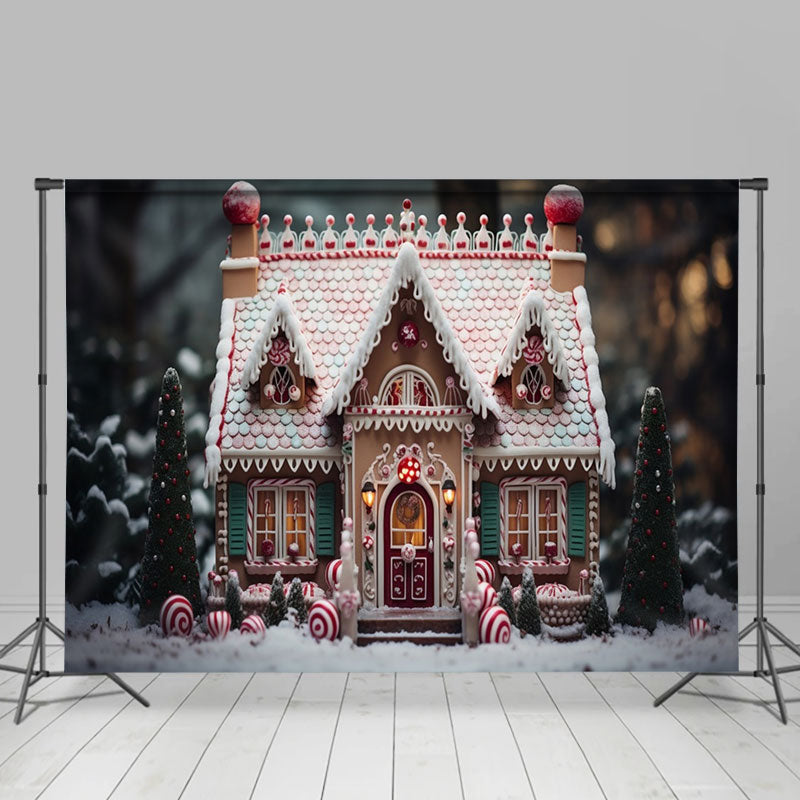 Aperturee - Candy House Xmas Trees Snowy Christmas Backdrop