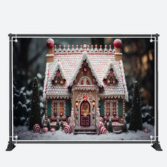 Aperturee - Candy House Xmas Trees Snowy Christmas Backdrop