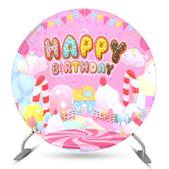 Aperturee Candy Land Pink House Circle Happy Birthday Backdrop