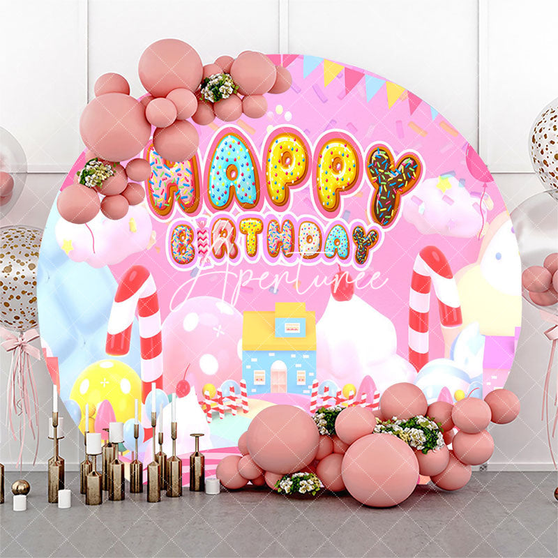 Aperturee Candy Land Pink House Circle Happy Birthday Backdrop