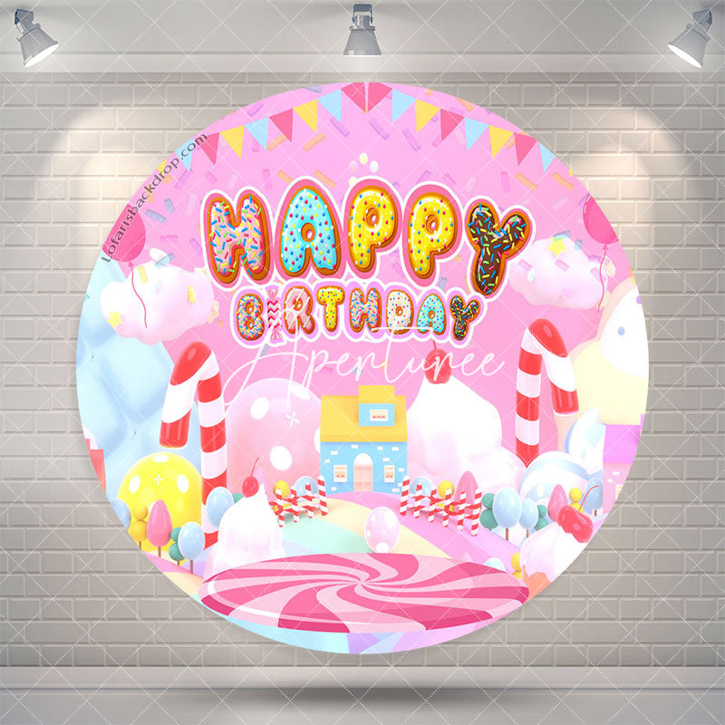 Aperturee Candy Land Pink House Circle Happy Birthday Backdrop