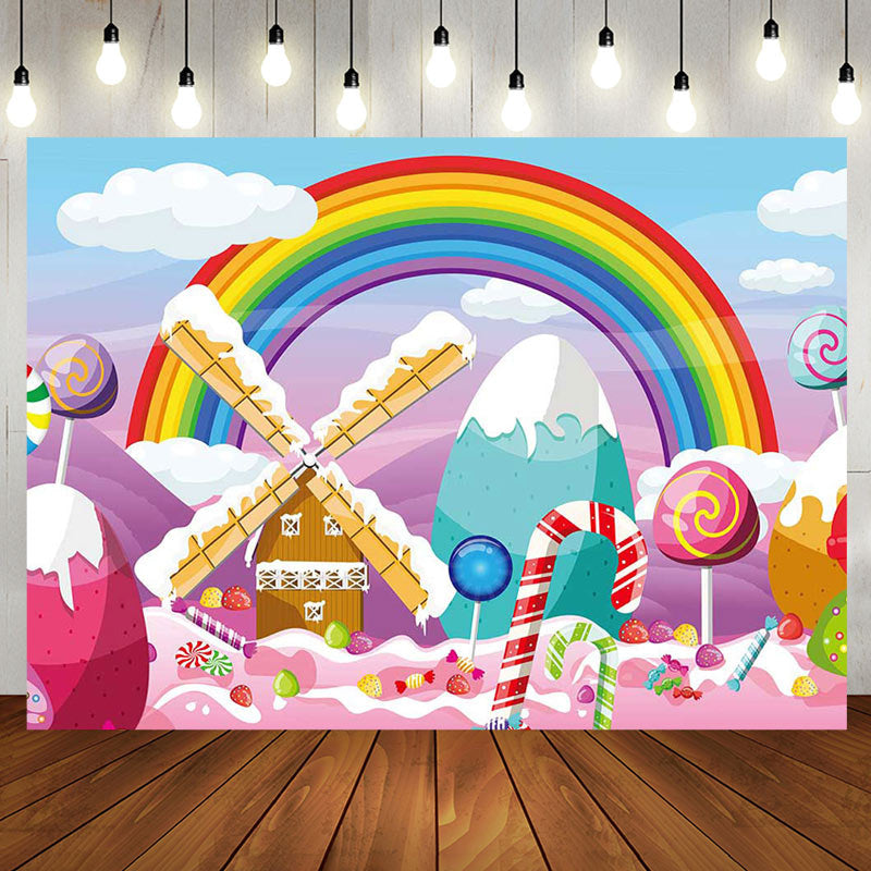 Aperturee - Candyland Rainbow Clouds House Birthday Backdrop