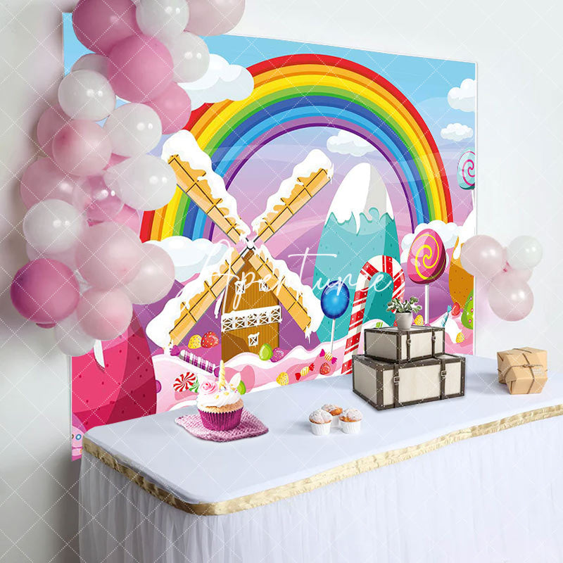 Aperturee - Candyland Rainbow Clouds House Birthday Backdrop