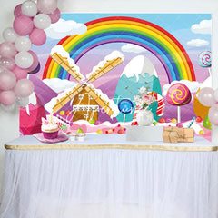 Aperturee - Candyland Rainbow Clouds House Birthday Backdrop