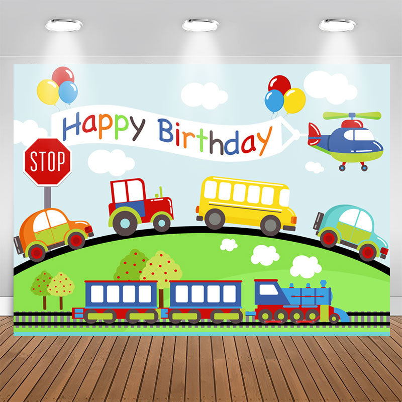 Aperturee - Car Plane Train On The Way Happy Birthday Backdrop