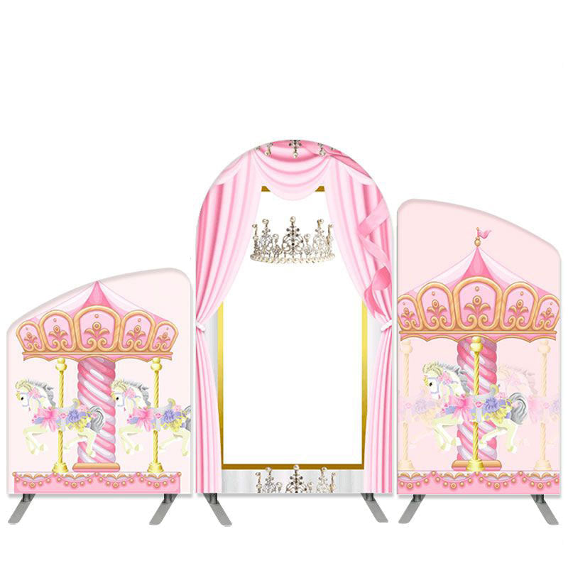 Aperturee Carousel Theme Pink Amusement Park Birthday Arch Backdrop Kit