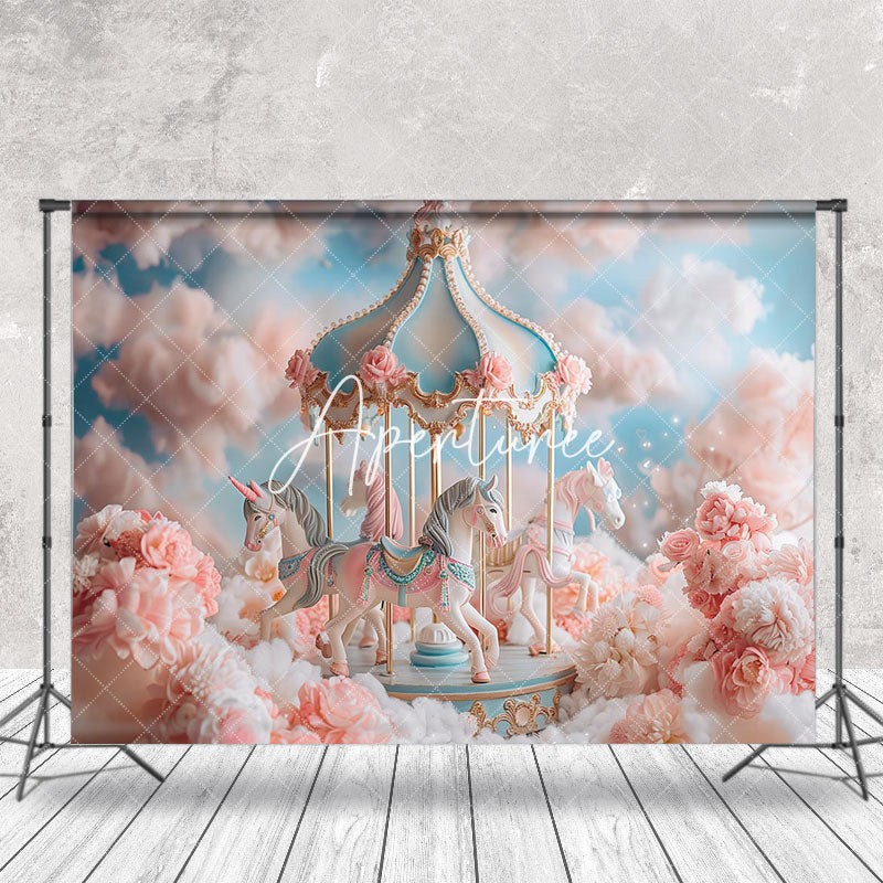 Aperturee - Carrousel Dreamy Pink Girls Cake Smash Backdrop