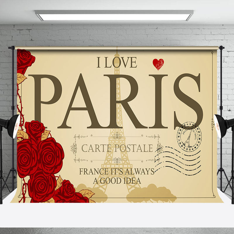 Aperturee - Carte Postale I Love Paris Rose Eiffel Tower Backdrop