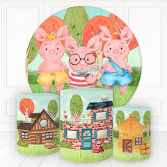 Aperturee Cartoom Thress Pigs With Houses Round Backdrop Kit