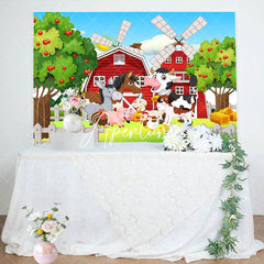 Aperturee - Cartoon Barn Windmill Animals Farm Birthday Backdrop