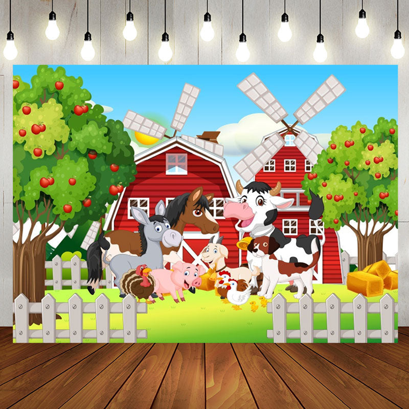 Aperturee - Cartoon Barn Windmill Animals Farm Birthday Backdrop