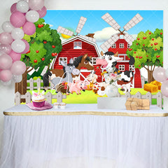 Aperturee - Cartoon Barn Windmill Animals Farm Birthday Backdrop