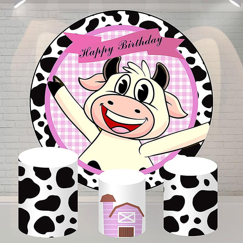 Aperturee Cartoon Black White Cow Round Happy Birthday Backdrop