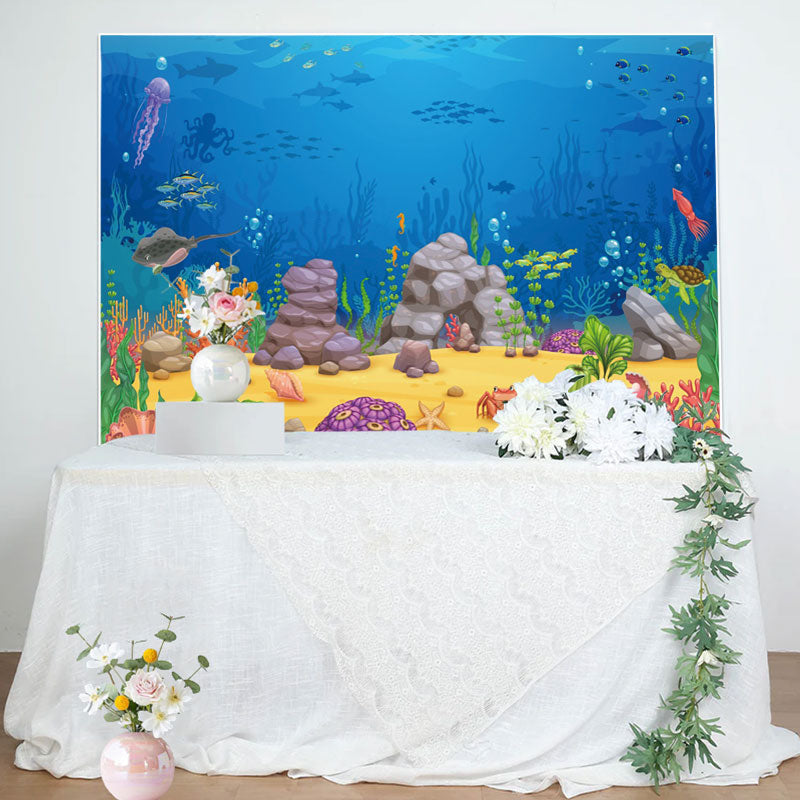 Aperturee - Cartoon Blue Ocean Fish Benthos Birthday Backdrop