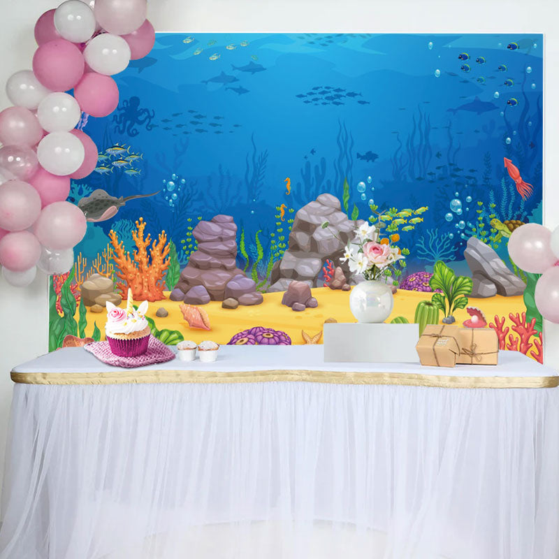 Aperturee - Cartoon Blue Ocean Fish Benthos Birthday Backdrop