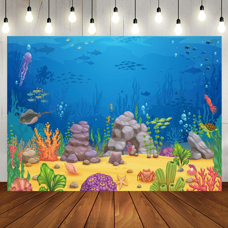 Aperturee - Cartoon Blue Ocean Fish Benthos Birthday Backdrop