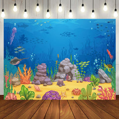 Aperturee - Cartoon Blue Ocean Fish Benthos Birthday Backdrop