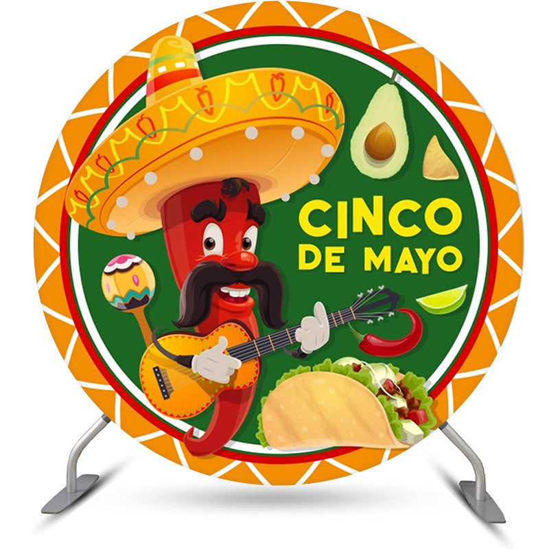 Aperturee - Cartoon Chili Hat Taco Round Mexican Fiesta Backdrop