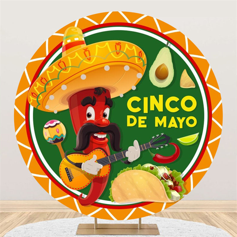 Aperturee - Cartoon Chili Hat Taco Round Mexican Fiesta Backdrop