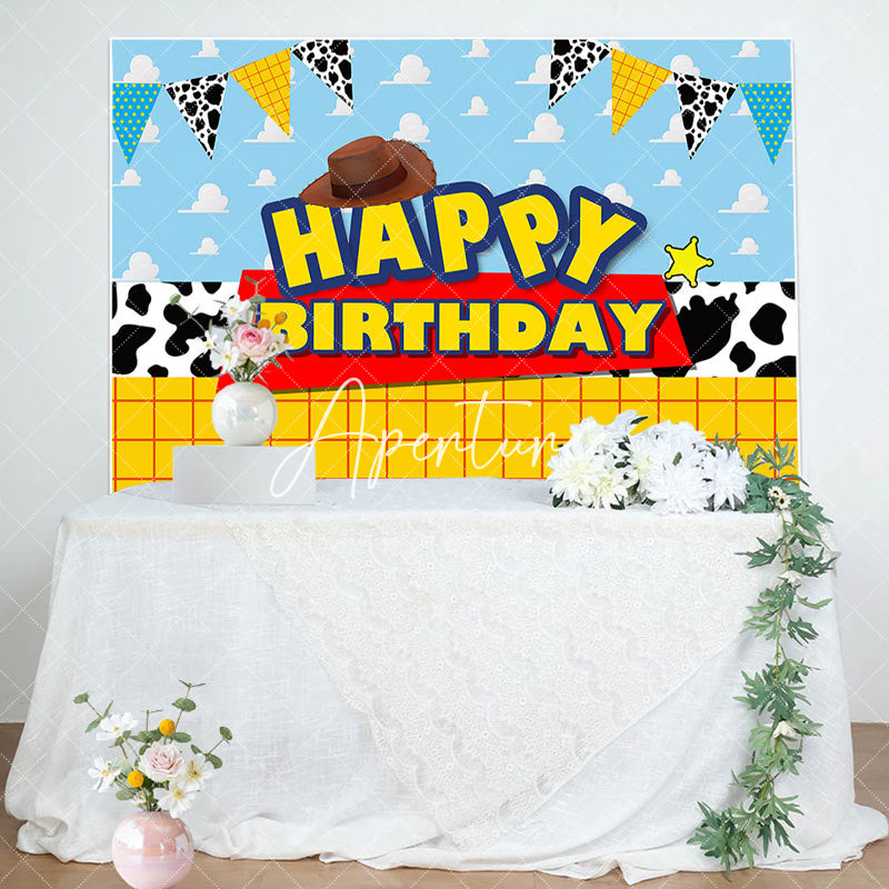 Aperturee - Cartoon Cowboy Flag Cloud Texture Birthday Backdrop