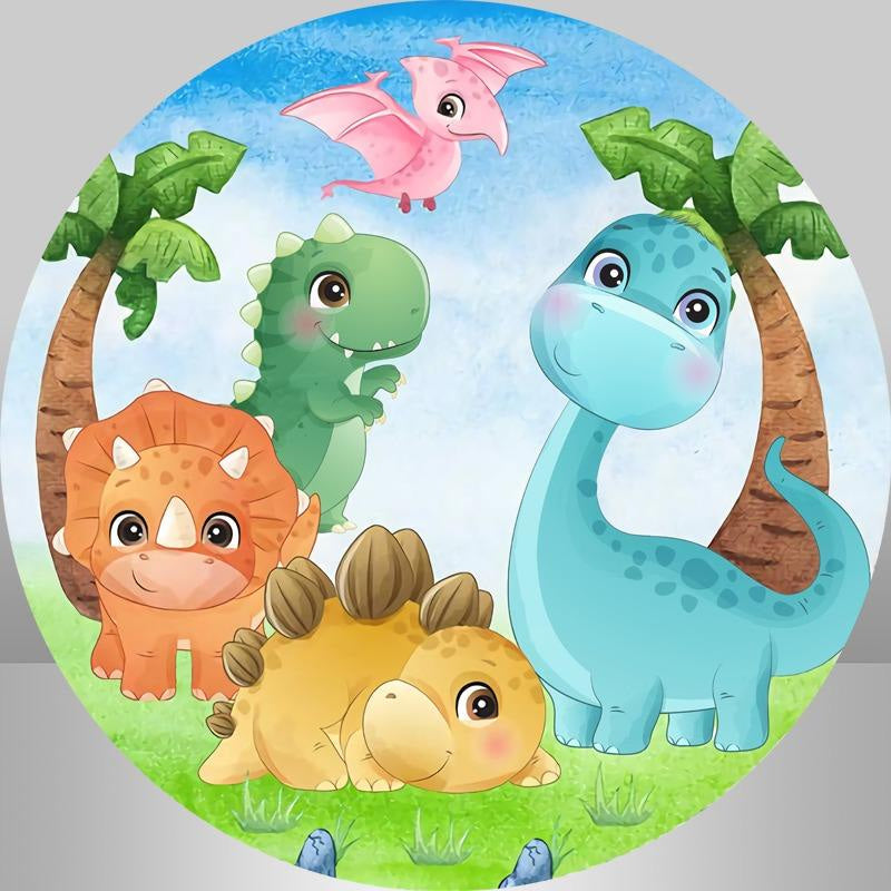 Aperturee - Cartoon Dinosaur And Trees Round Baby Shower Backdrop