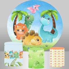 Aperturee Cartoon Dinosaur And Trees Round Baby Shower Backdrop