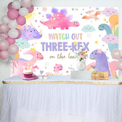 Aperturee - Cartoon Dinosaur Rainbow Sky 3rd Birthday Backdrop