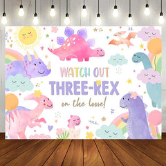 Aperturee - Cartoon Dinosaur Rainbow Sky 3rd Birthday Backdrop