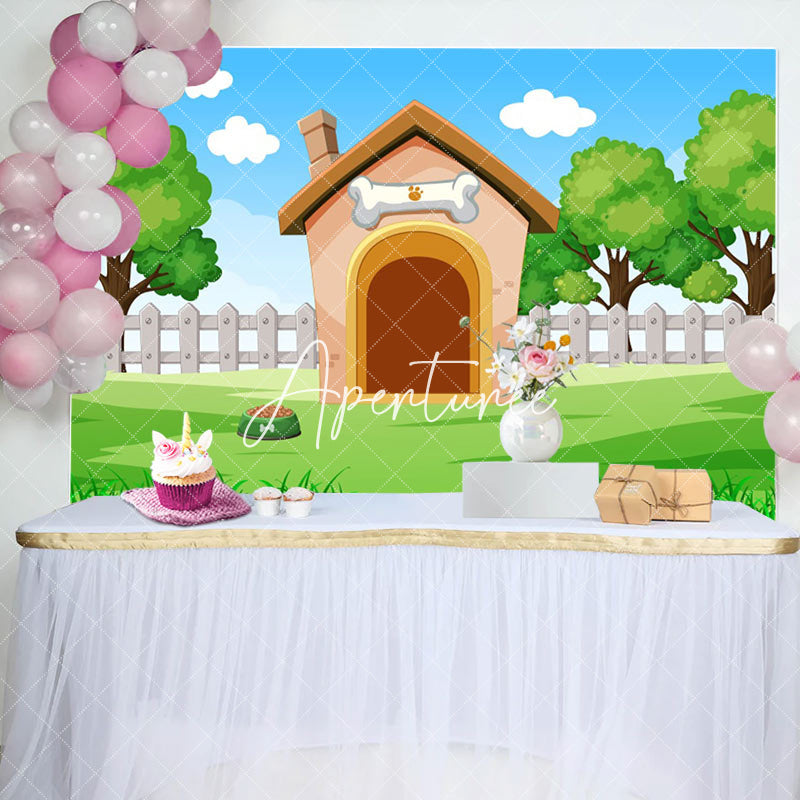 Aperturee - Cartoon Dog House Lawn Sky Baby Shower Backdrop