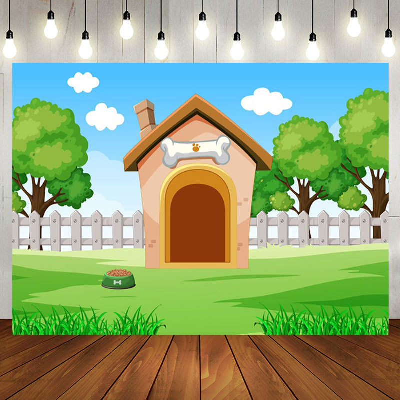 Aperturee - Cartoon Dog House Lawn Sky Baby Shower Backdrop