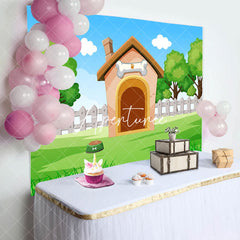 Aperturee - Cartoon Dog House Lawn Sky Baby Shower Backdrop