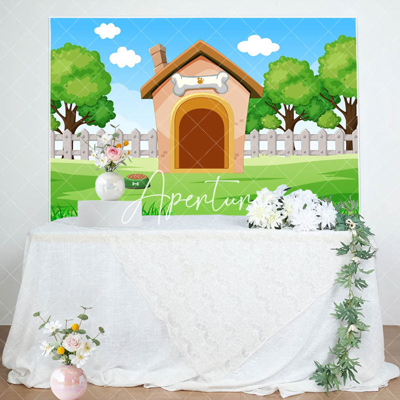 Aperturee - Cartoon Dog House Lawn Sky Baby Shower Backdrop