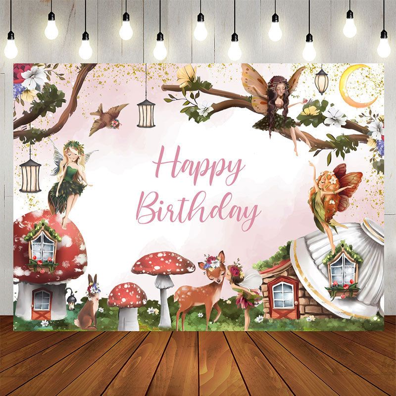 Aperturee - Cartoon Fairy Deer Floral Birthday Backdrop For Girl