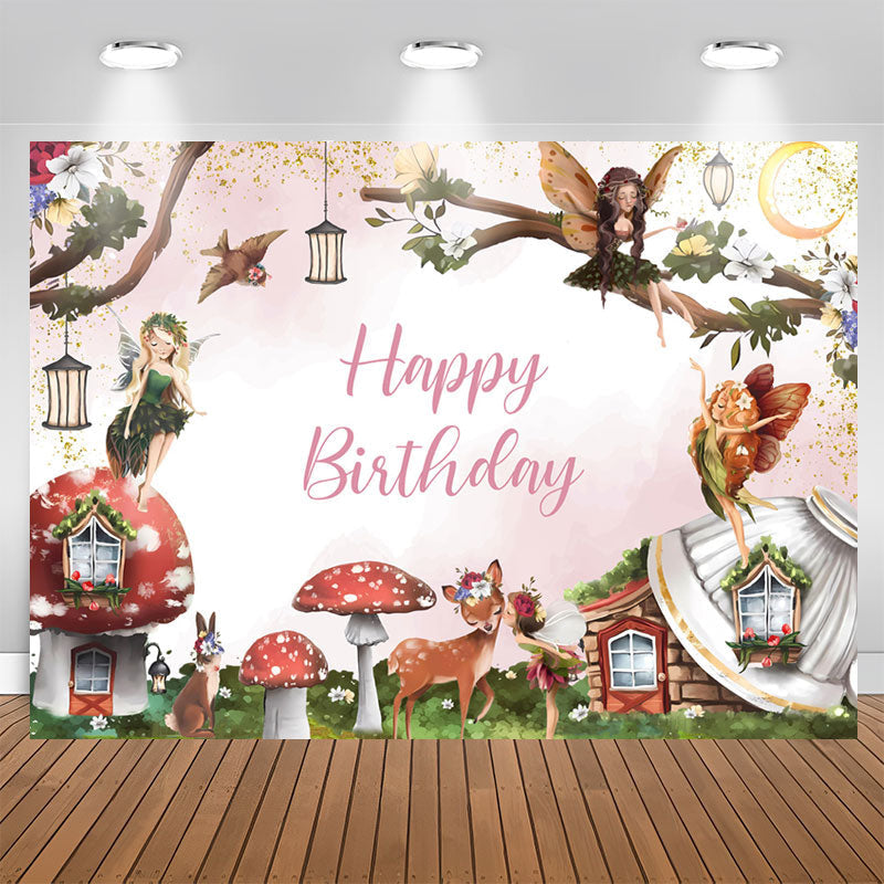 Aperturee - Cartoon Fairy Deer Floral Birthday Backdrop For Girl