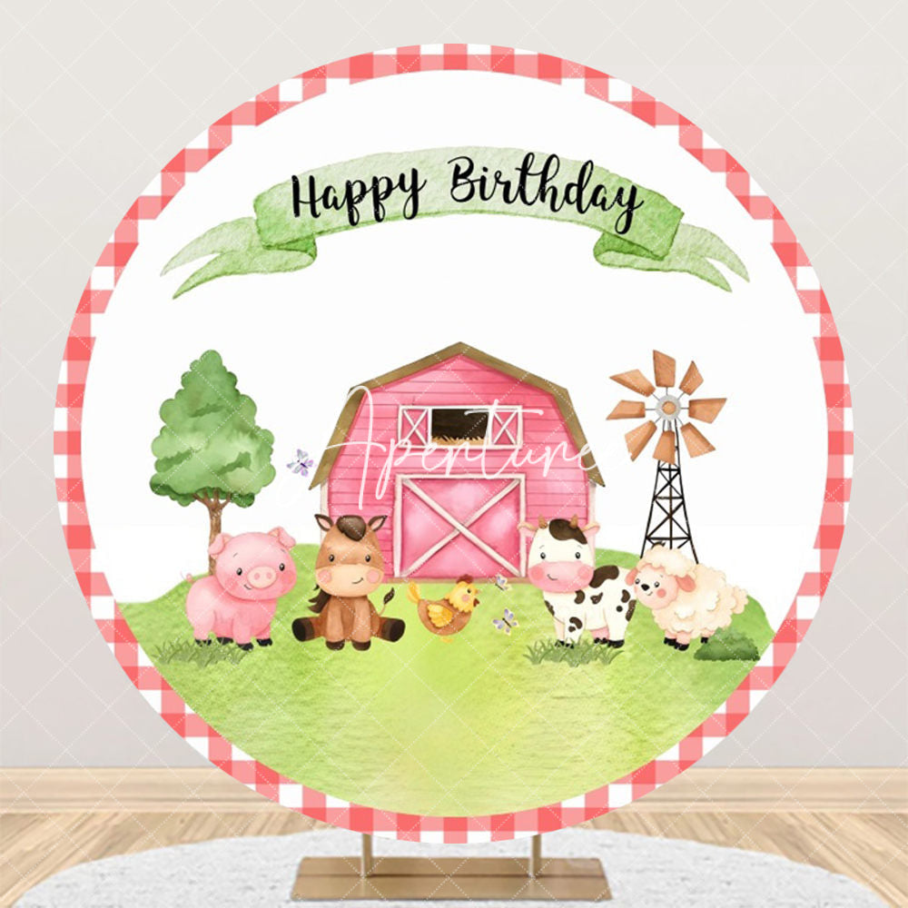 Aperturee - Cartoon Farm Animals Grass Round Birthday Backdrop